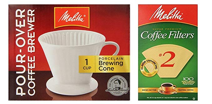 Melitta 64101 Porcelain #2 Cone Brewer with Cone Coffee Filter #2 - Natural Brown 100 Count