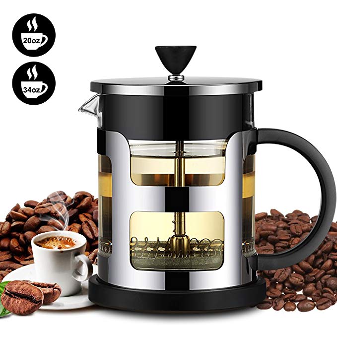 French Press Coffee Maker, FlatLED Coffee/Tea Maker, 304 Grade Stainless Steel Filter, 3 Level Filtration System, Heat Resistant High Borosilicate Glass, Protecting Black Base & handle (20 oz)