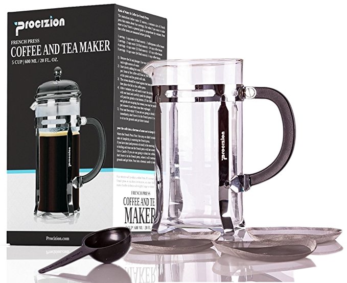 French Press Coffee Maker - 20 oz (600 ml) Espresso and Tea Maker with Triple Filters, Stainless Steel Plunger and Heat Resistant Borosilicate Glass with 6 Bonus Filters - by Procizion