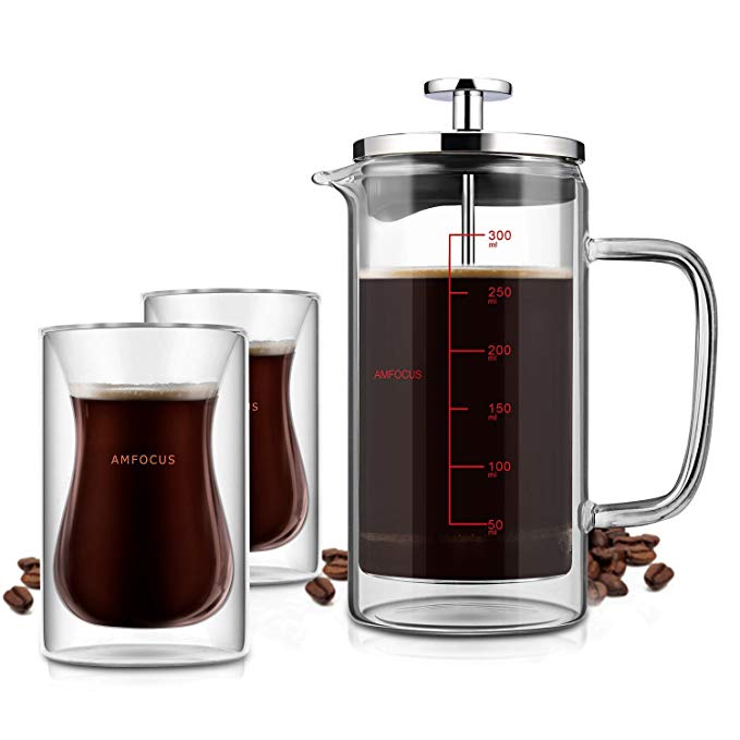 French Press Coffee Tea Maker with 2 Espresso Cups|Double Wall|Stainless Steel Plunger,350ml/11oz