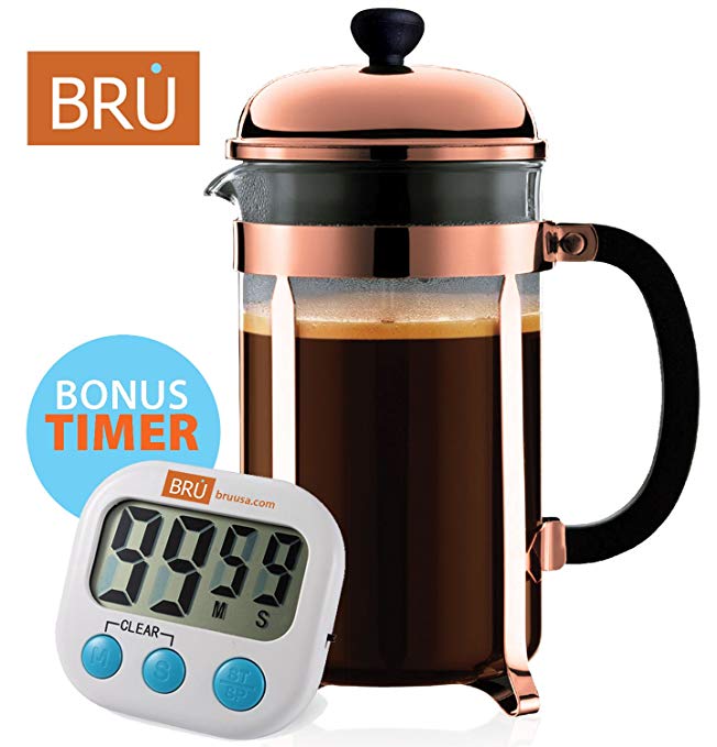 Classic French Press - FREE TIMER INCLUDED - BRU USA Coffee & Tea Maker | 8 Cup - 34 Oz | Solid Stainless Steel, Enhanced Filter System, Borosilicate Glass (Copper)