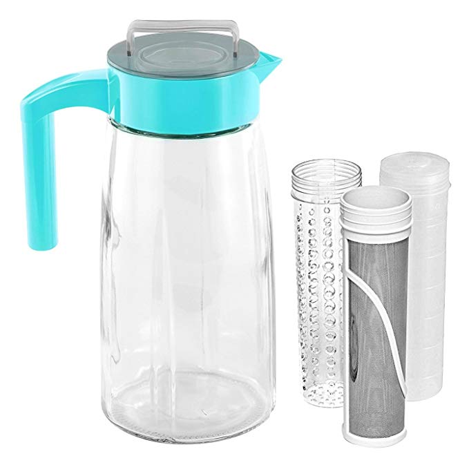 Cooking Upgrades 60oz Glass Cold Brew Coffee Maker and Tea Maker With Ice And Fruit Infuser Inserts Included (Teal)