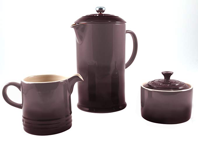 Le Creuset Truffle Stoneware French Press Coffee Maker With Matching Cream and Sugar Set