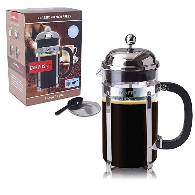 TANERS French Press 8 cup/34oz Coffee, Espresso & Tea Maker,Stainless Steel Coffee Press Filter, BONUS Extra Dual Layer Filter &Scoop & Elegant Gift Box