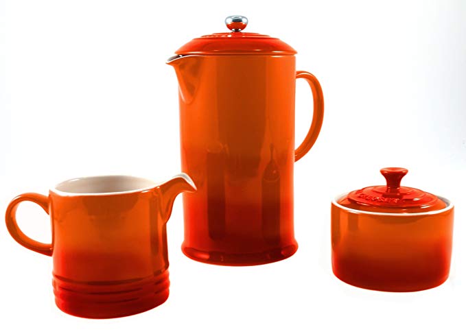 Le Creuset Flame Stoneware French Press Coffee Maker With Matching Cream and Sugar Set