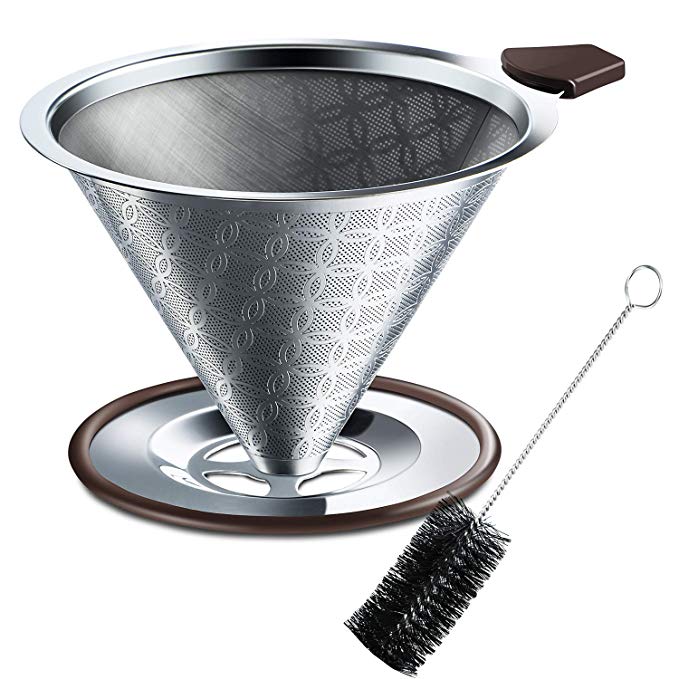 SRIWATANA Pour Over Coffee Dripper, Stainless Steel Coffee Filter with Non-Slip Silicone Handle and Bonus Brush, Floral Design