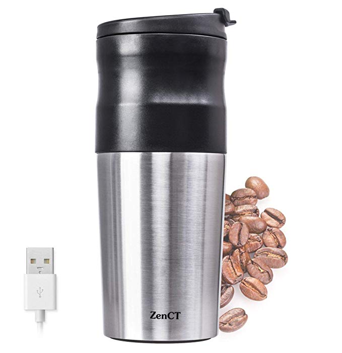 ZenCT Single Cup Coffee Maker, Single Serve Portable Coffee Grinder Automatic Grind and Brew includes USB Chargeable - Reusable Filter - 15 oz Insulated Tumbler