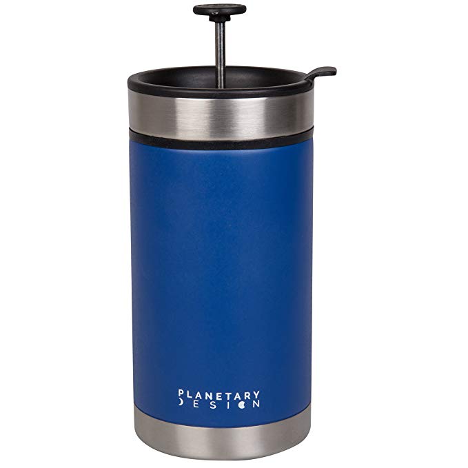 Steel Toe French Press Coffee Travel Mug with Brü-Stop Technology - 20 oz - Stainless Steel with Non-Slip Texture - Mountain Lake Blue