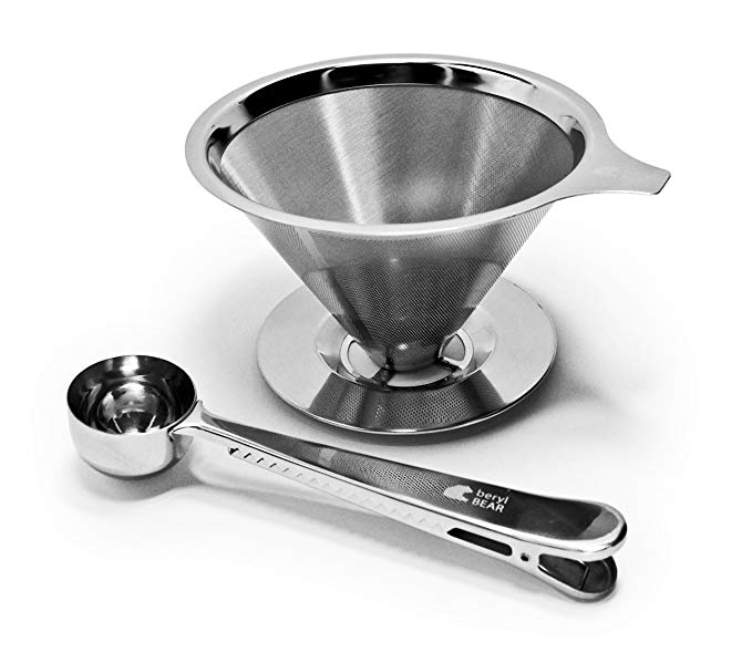 Stainless Steel Pour Over Coffee Dripper - Reusable Double Layer Mesh Filter and Coffee Scoop with Bag Clip