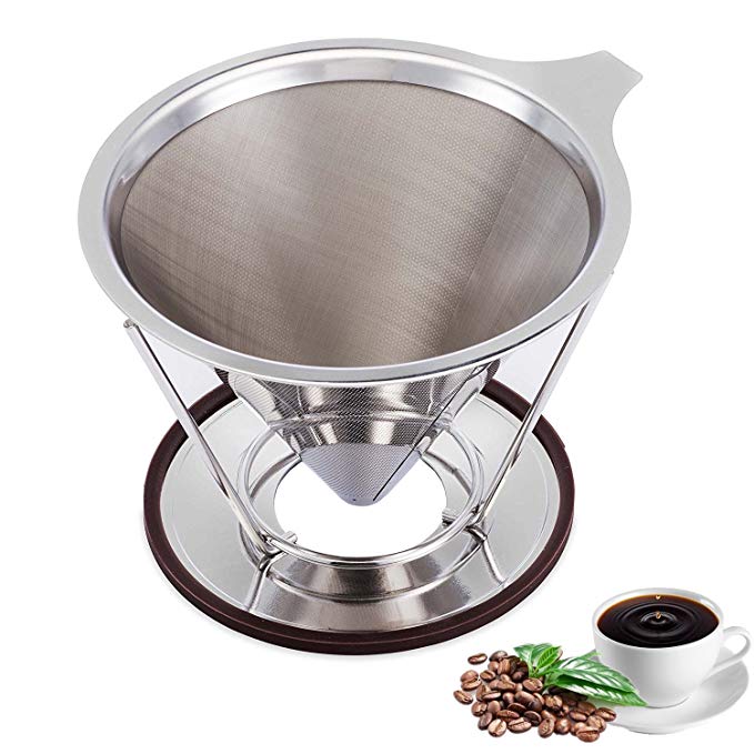 ACEHOOM Pour Over Coffee Dripper Clever Coffee Dripper Reusable Coffee Filter Single Cup Pour Over Coffee Maker Stainless Steel Permanent Drip Cone 1-4 Cup for Osaka Chemex Carafes with Stand Holder