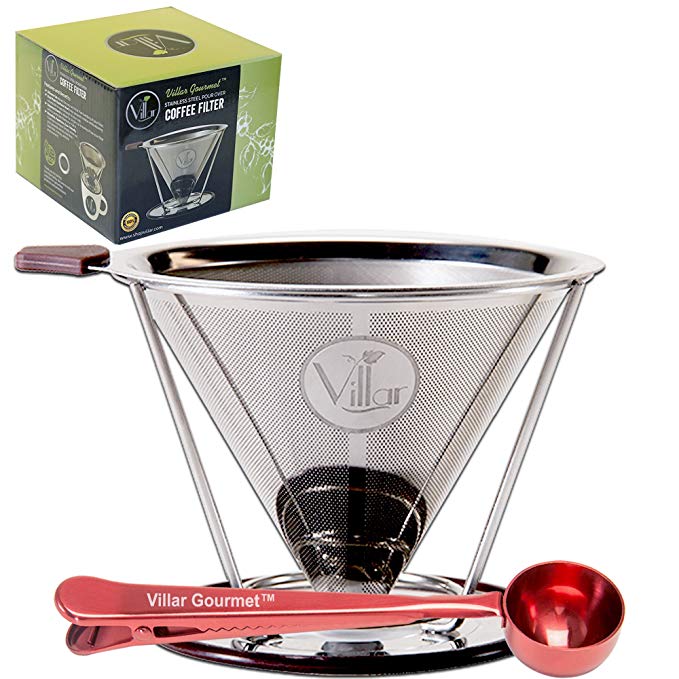 Villar Gourmet Stainless Steel Pour Over Coffee Filter Dripper & Bonus Coffee Scoop w/ Built-In Bag Clip – Makes 1 to 4 Cups – FDA Certified Safe