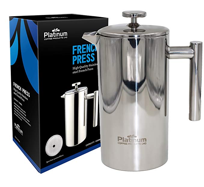 Platinum French Press Coffee Stainless Steel Double Wall 1000ml / 34OZ 1 Liter Insulated Double Wall. Makes 8 Cups or Mugs, No Plastic or Glass Coffee Tea Lovers, Fresh Brewed Best tasting #1 Coffee !