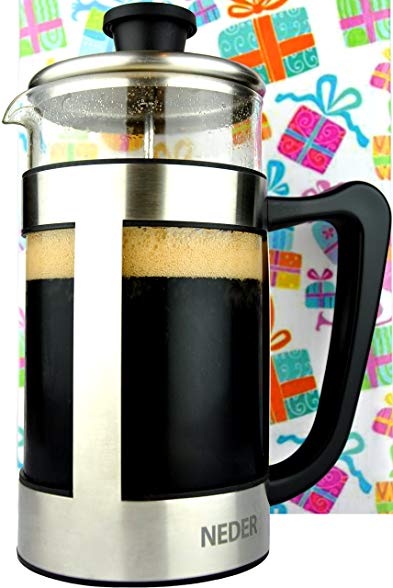 French Press Coffee Espresso Tea Maker 34 oz - Gift Box - Comfortable Handle - Easy Clean - Coffee Press Stainless Steel - 1 liter 8 Cups - Gift Idea - Birthday gifts for women and men