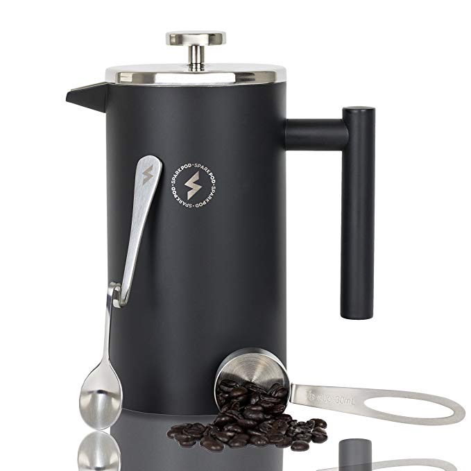 SparkPod French Press Coffee & Tea Maker Complete Bundle (34 Oz – 1 Liter) 4 Items – Double Wall Stainless Steel French Press, Serving Scoop, Dessert Spoon & 4 Ultra-Fine Filter Screens