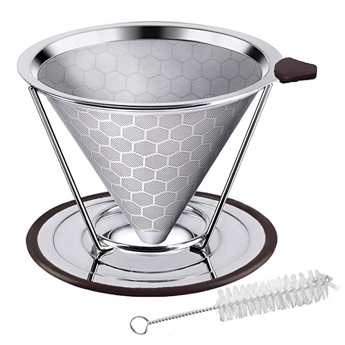 Premium Stainless Steel Coffee Filter, Paissite Reusable Pour Over Coffee Dripper Cone With Non-slip Cup Stand and Brush, Paperless. Honeycomb Design