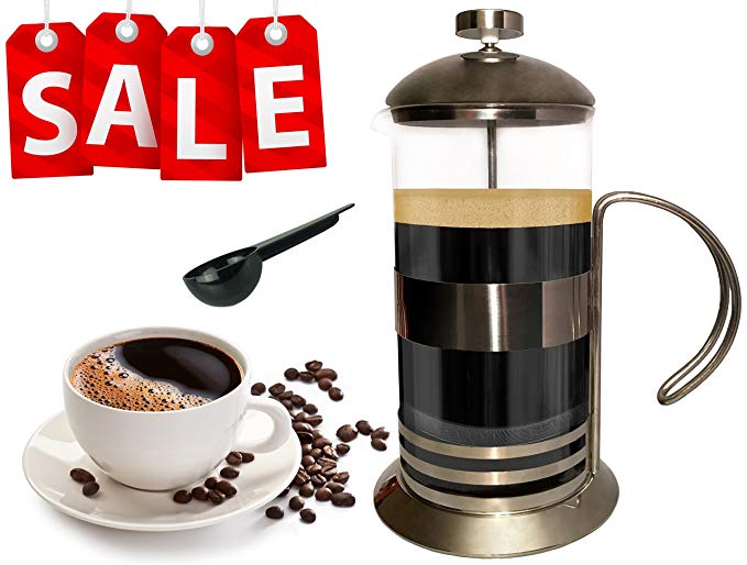 Gear Ultimate French Press: 34 Oz Coffee Tea Espresso Maker, Plunger, Press Pot, Cafetiere, with Stainless Steel & Heat Resistant Borosilicate Glass, Coffee Spoon, 2 Extra Fine 100-Grid Mesh Filters