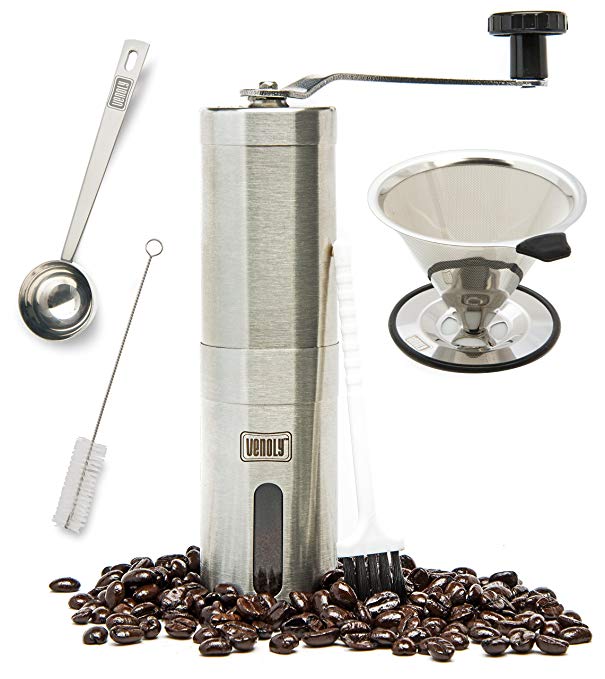 Venoly Conical Burr Coffee Grinder Stainless Steel Hand Crank Travel Coffee Grinder Set with Pour Over Coffee Dripper Brewed Coffee Maker