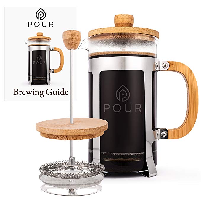 Pour French Press Coffee Maker, Thick Borosilicate Glass, Bamboo Lid, and Stainless Steel Filter, Eco-Friendly Coffee Brewing – Dishwasher Safe - for Grounds and Loose Tea 36oz./1000M