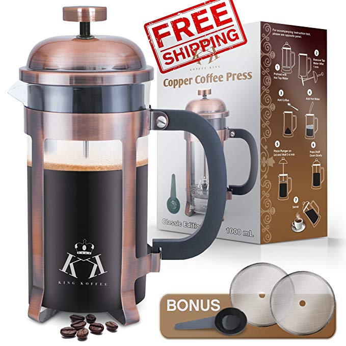 Copper French Press Coffee Maker Stainless Steel Cafetiere by King Koffee | 34oz 1000 mL 8 Cups | Unique Extra Large Plunger | Antique Classic Edition | Milk Frother, Tea Infuser | Rust Free