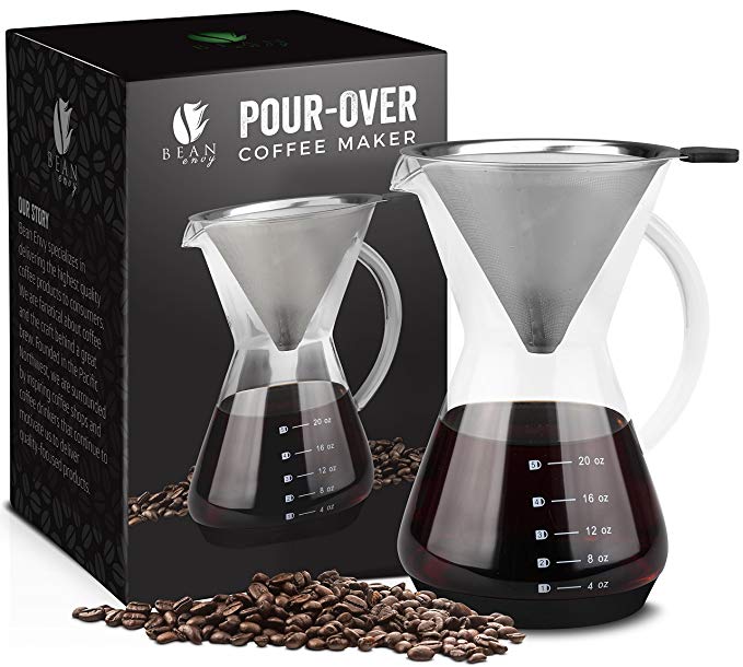 Bean Envy Pour Over Coffee Maker - 20 - oz Borosilicate Glass Carafe - Rust Resistant Stainless Steel Paperless Filter/Dripper - Includes Patent Pending Silicone Sleeve