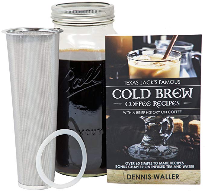 Cold Brew Coffee Maker Kit |Large 2 Quart/Half Gallon|130pg 60+ Recipes and Instruction Book! Quality Ball Wide Mouth Mason Jar & Stainless Filter Basket. Makes Coffee, Infused Water & Tea!