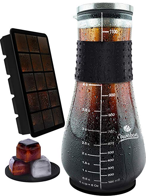 Cold Brew Coffee Maker Kit - Cool Girlfriend or Women Gift for Home Brewing - Cold Brew Pitcher Set Includes Iced Coffee and Tea Cubes Tray with Lid and Two Non-Slip Silicone Coasters