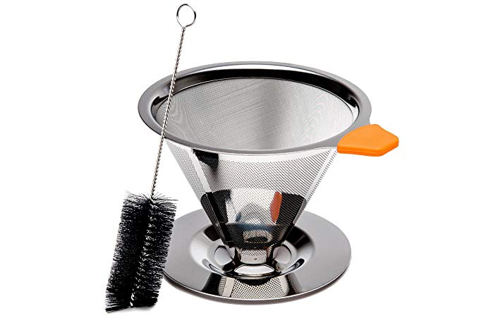 Simple Workings Pour Over Coffee Dripper Stainless Steel Cone, Paperless with Cup Stand, Enjoy Simple & Easy Single Cup Rich Morning Coffee, BONUS Cleaning Brush & Silicone Grip Handle