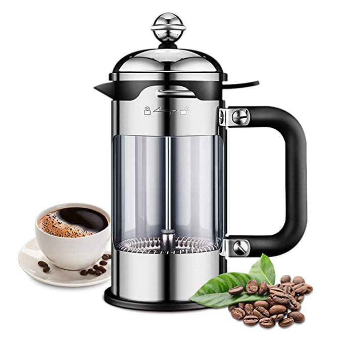 ELE KING French Tea Maker 4 Level Filtered European Style Press,304 Grade Stainless Steel, Best Coffee Pot with Double German Glass(51 oz)