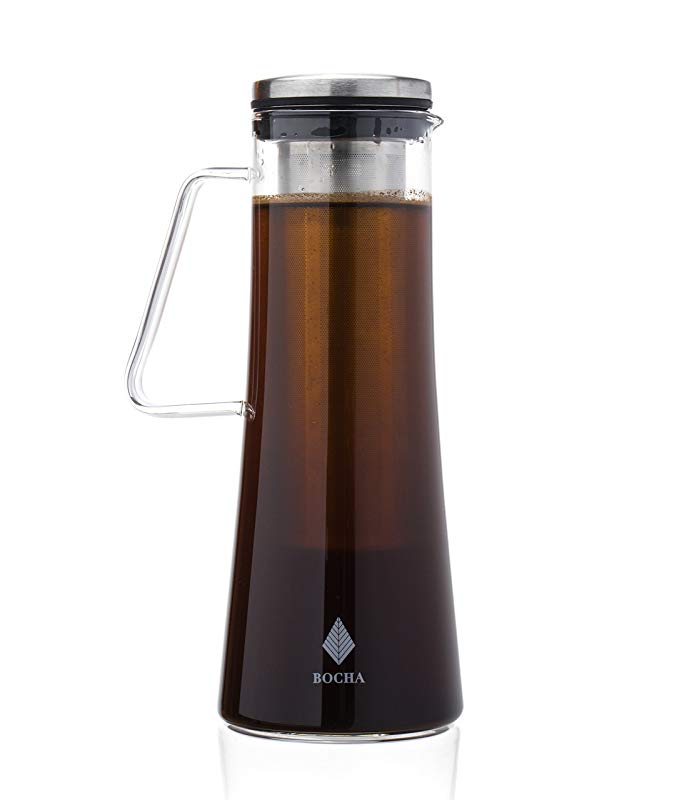 Cold Brew Iced Coffee Maker and Teapot Infuser - 1L Glass Pitcher Carafe with Removable Stainless Steel Infuser, Airtight Lid and FREE Cleaning Brush