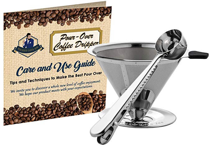 Wicked Java Joe 2 Cup Pour Over Coffee Dripper Makes Amazing Barista Quality Brew. Paperless, Reusable High Grade Stainless Steel Coffee Filter w/Bonus Coffee Scoop (Black)