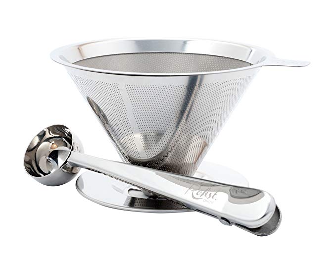 Rohst Reusable Stainless Steel Pour Over Coffee Dripper with Metal Scoop / Bag Clamp